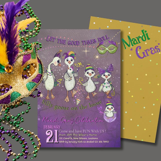 Invitation Whimsical Goose Family Mardi Gras Purple Yellow (Whimsical Goose Family Mardi Gras Purple Yellow Invitation)