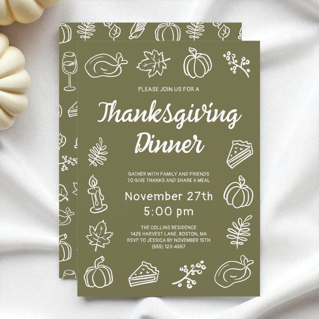 Invitation Whimsical Green Doodle moderne Thanksgiving Dîner (Whimsical Green Modern Doodle Thanksgiving Dinner Invitation)