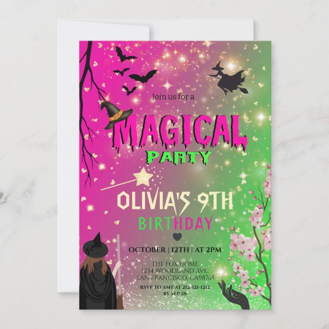 Invitation Whimsical Green & Pink Witch girl birthday (Devant)
