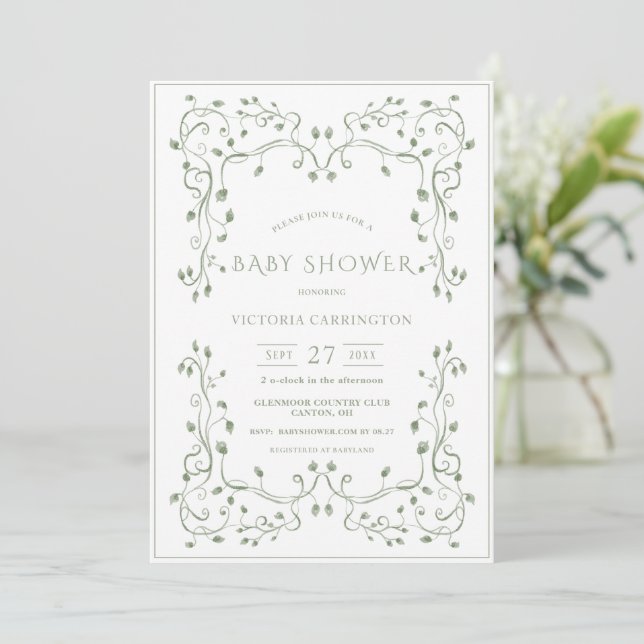 Invitation Whimsical Greenery Frame Vintage Baby Shower (Debout devant)