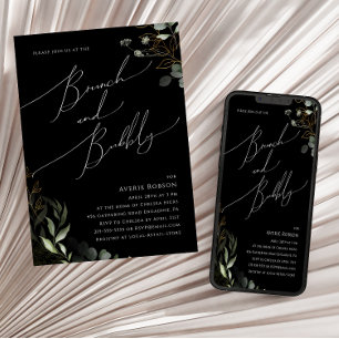 Invitation Whimsical Greenery Gold Black Brunch et Bubbly
