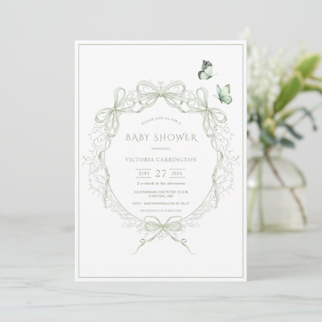 Invitation Whimsical Greenery Vintage Bows Baby Shower (Debout devant)