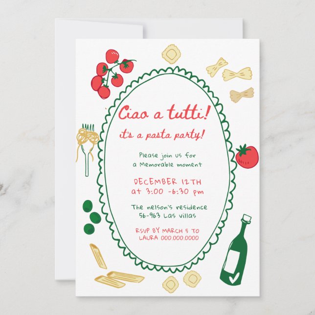 Invitation Whimsical Hand Drake Pasta Party (Devant)