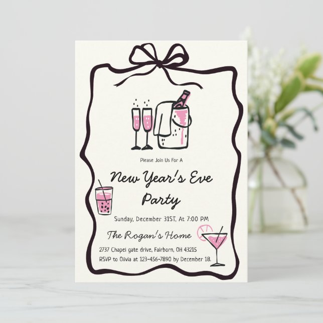 Invitation Whimsical Hand Drawn Bow Frame New Year Eve Party (Debout devant)