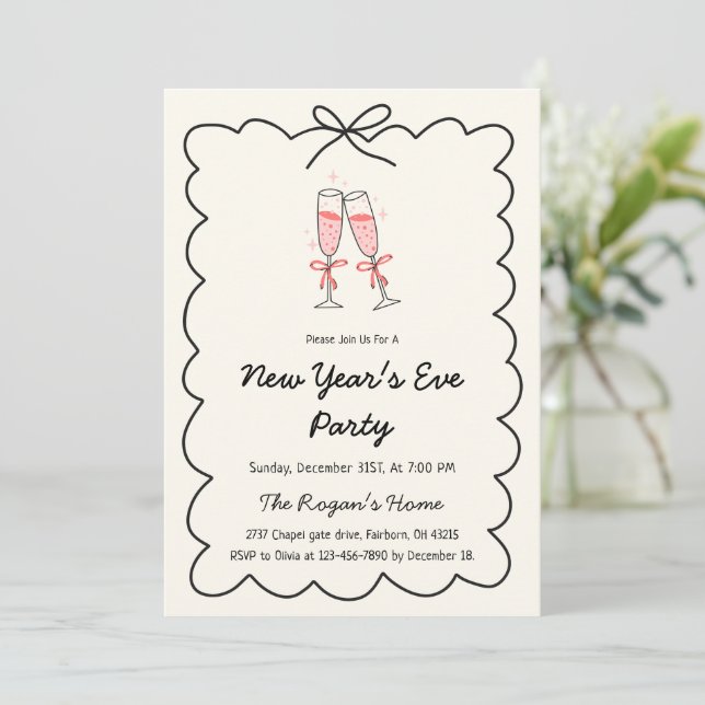 Invitation Whimsical Hand Drawn Champagne New Year Eve Party (Debout devant)