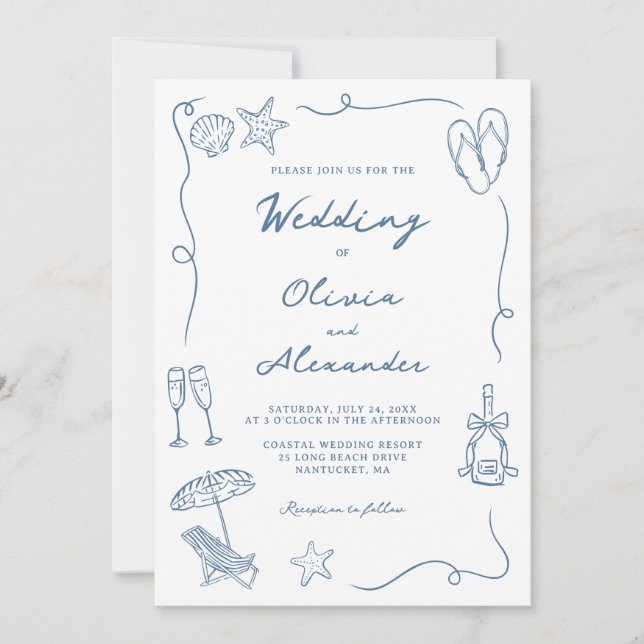 Invitation Whimsical Hand Drawn Coastal Blue Beach Wedding (Devant)