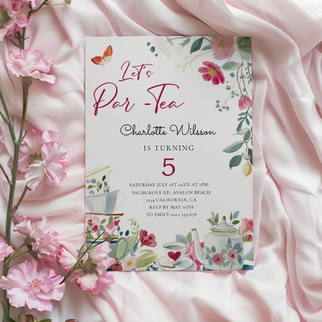 Invitation Whimsical hand-drawn floral Tea Party Birthday (Whimsical hand-drawn tea Party Birthday Invitationin charming Dolce Vita style )