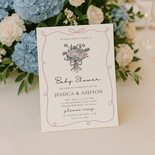 Invitation Whimsical hand-drawn flowers and frame baby shower (Créateur téléchargé)