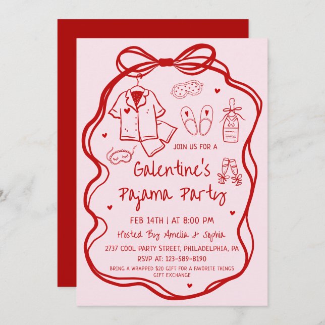 Invitation Whimsical Hand Drawn Galentine's Pajama Party  (Devant / Derrière)