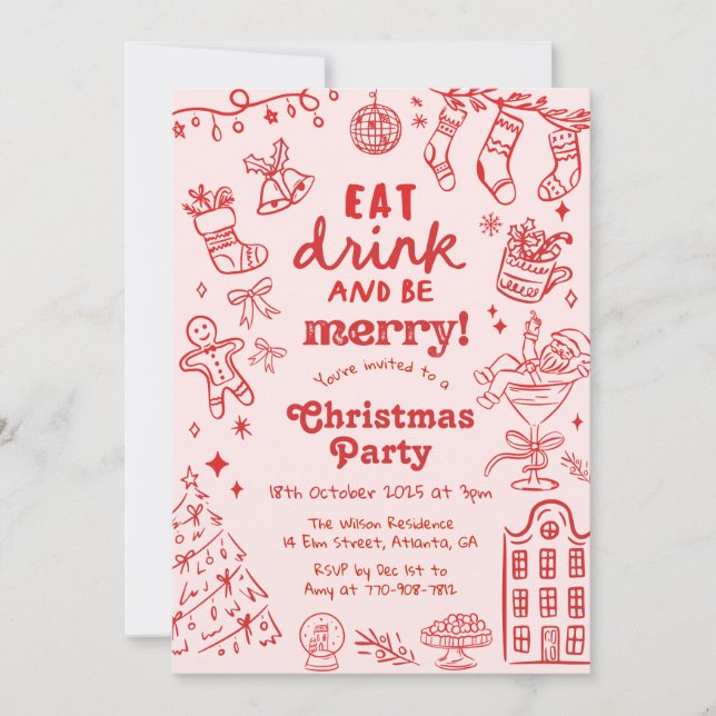 Invitation Whimsical Hand Drawn Red and Pink Christmas Party (Devant)