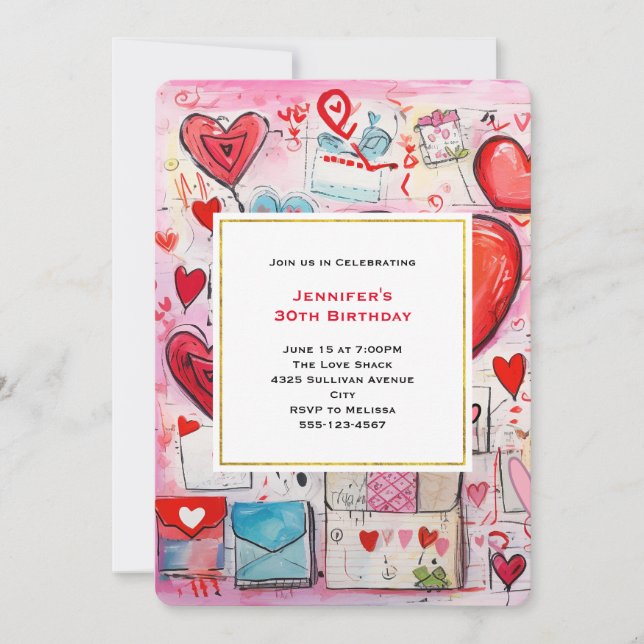 Invitation Whimsical Hearts and Love Letters Motif Anniversai (Devant)
