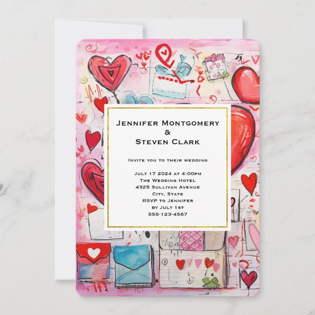Invitation Whimsical Hearts and Love Lettres Motif Mariage (Devant)