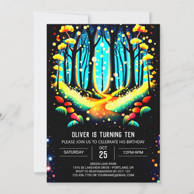 Invitation Whimsical Into the Woods Fireflies Anniversaire (Devant)