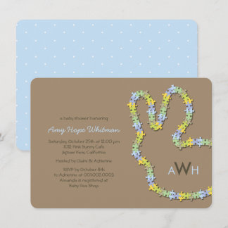 Invitation Whimsical Jigsaw Blue Bunny Baby shower garçon lap