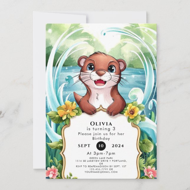 Invitation Whimsical Lake Otter Anniversaire (Devant)