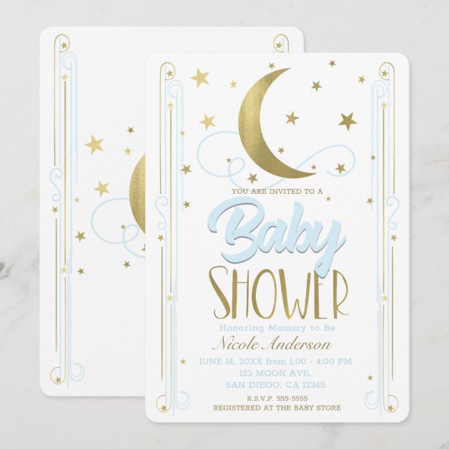 Invitation Whimsical Light Blue & Gold Moon Stars Bébé Douche (Devant / Derrière)