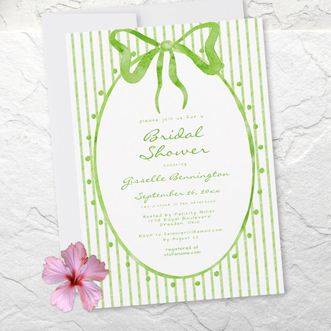 Invitation Whimsical Lime Watercolor Bow Stripe Bridal Shower (Whimsical Lime Watercolor Bow Stripe Bridal Shower Invitation)