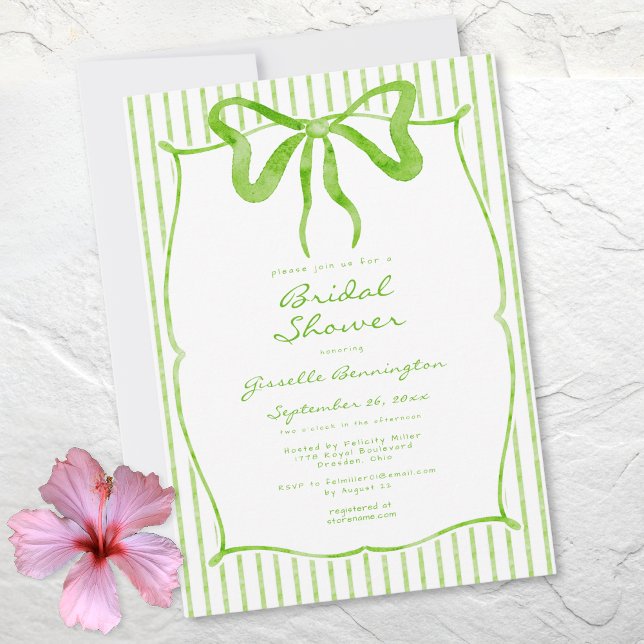 Invitation Whimsical Lime Watercolor Bow Stripe Bridal Shower (Whimsical Lime Watercolor Bow Stripe Bridal Shower Invitation)