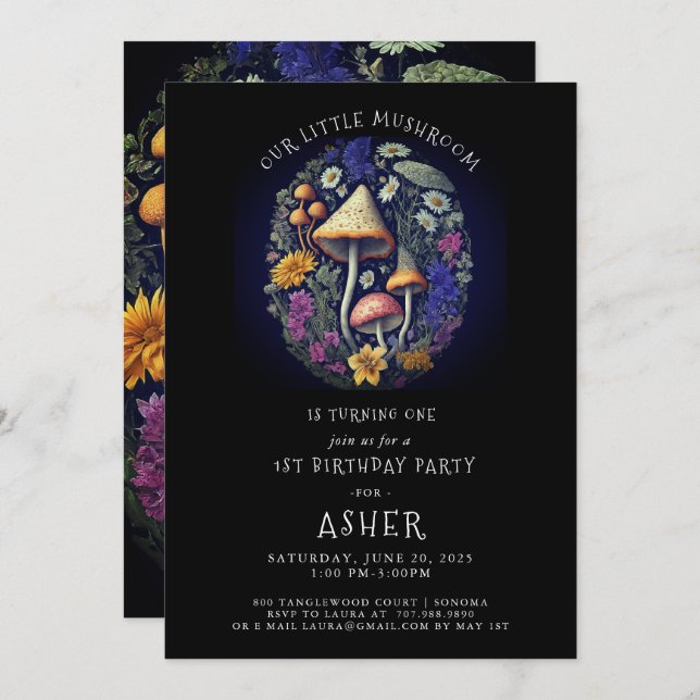 Invitation Whimsical Little Mushroom 1er anniversaire fête (Devant / Derrière)