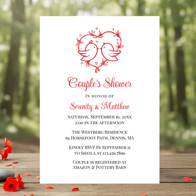 Invitation Whimsical Lovebirds Boho Red Heart Bridal Shower (Créateur téléchargé)