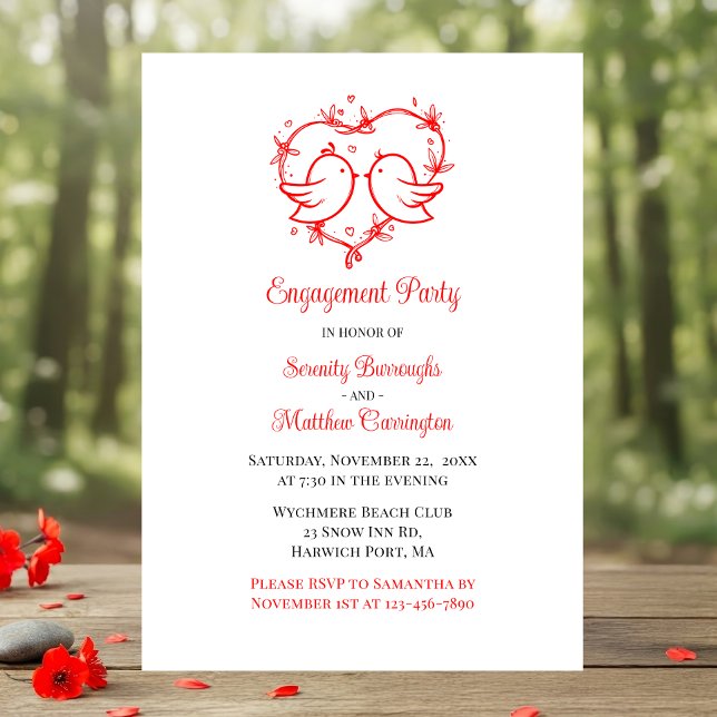 Invitation Whimsical Lovebirds Boho Red Love Heart Engagement (Créateur téléchargé)