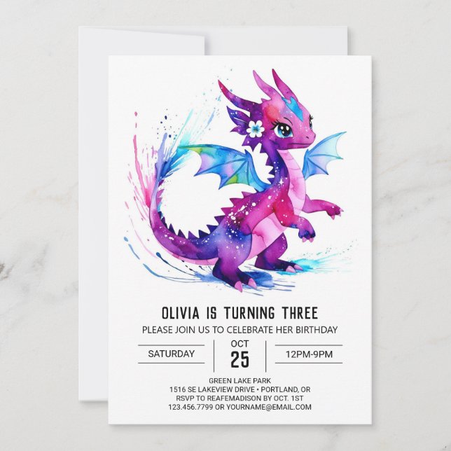Invitation Whimsical Magical Dragon Digital Girl Anniversaire (Devant)