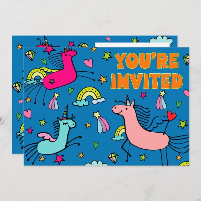 Invitation Whimsical Magique Unicorn fête d'anniversaire (Devant / Derrière)
