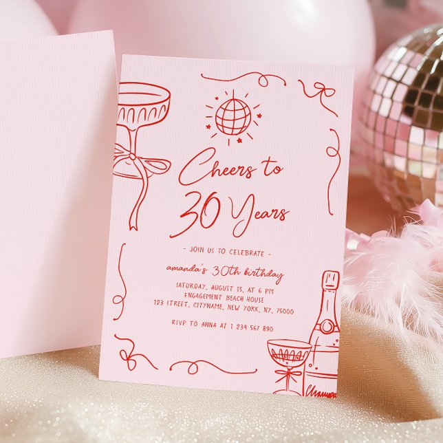 Invitation Whimsical main française tiré rose rouge 30e anniv (Créateur téléchargé)