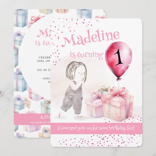Invitation Whimsical mignonne fille 1er anniversaire Balloon  (Devant / Derrière)