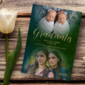 Invitation Whimsical Modern Script 2 Photos Graduates Twins