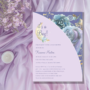 Invitation Whimsical Moon Purple C'est un Baby shower garçon
