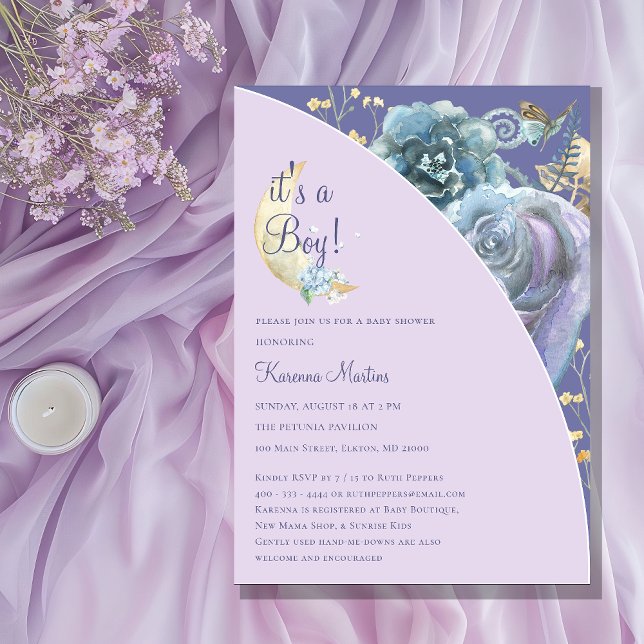 Invitation Whimsical Moon Purple C'est un Baby shower garçon (Créateur téléchargé)