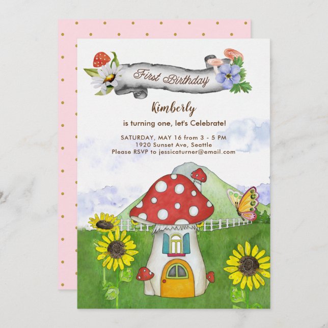 Invitation Whimsical Mushroom Floral Banner Premier anniversa (Devant / Derrière)