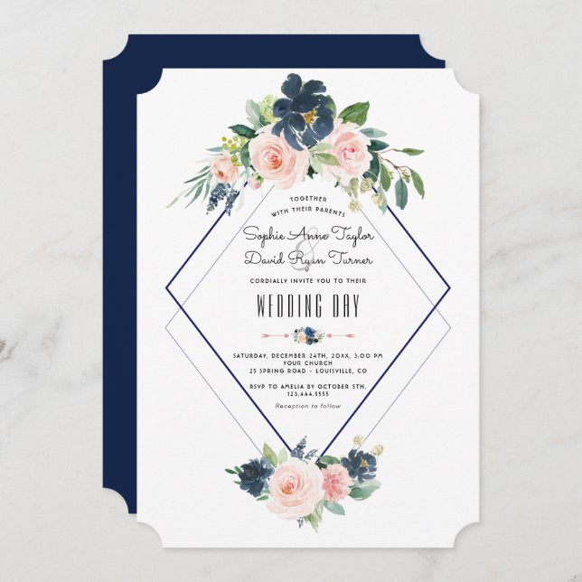 Invitation Whimsical Navy Blue Blush Floral Mariage (Devant / Derrière)