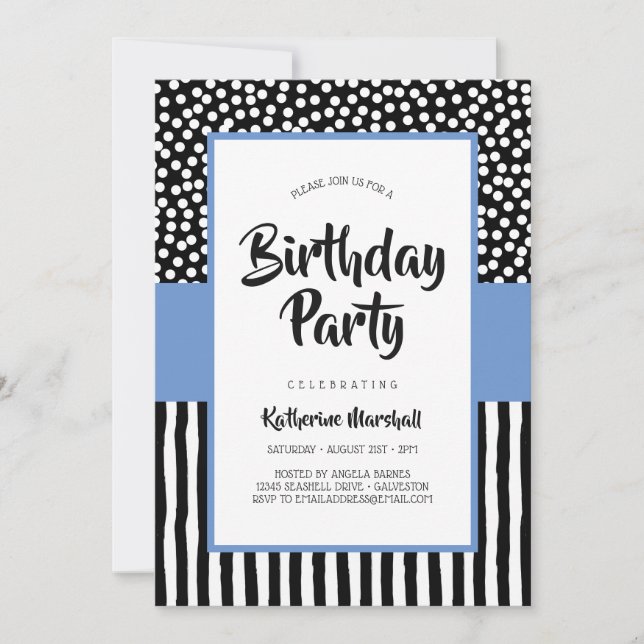 Invitation Whimsical noir blanc et violet Anniversaire (Devant)