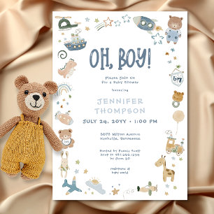 Invitation Whimsical Oh Boy Aquarelle Doodle Baby shower