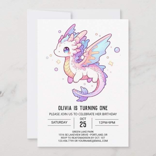 Invitation Whimsical Pastel Dragon 1er Anniversaire (Devant)
