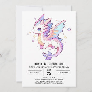 Invitation Whimsical Pastel Dragon 1er Anniversaire