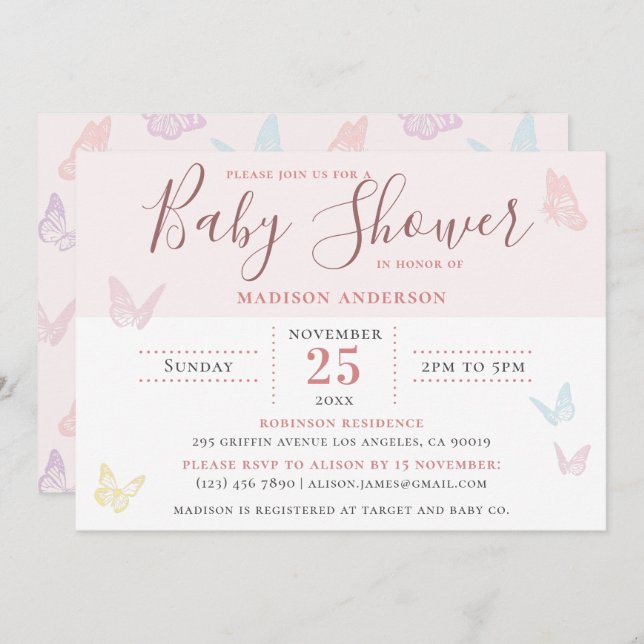 Invitation Whimsical Pastel rose papillon Baby shower fille (Devant / Derrière)