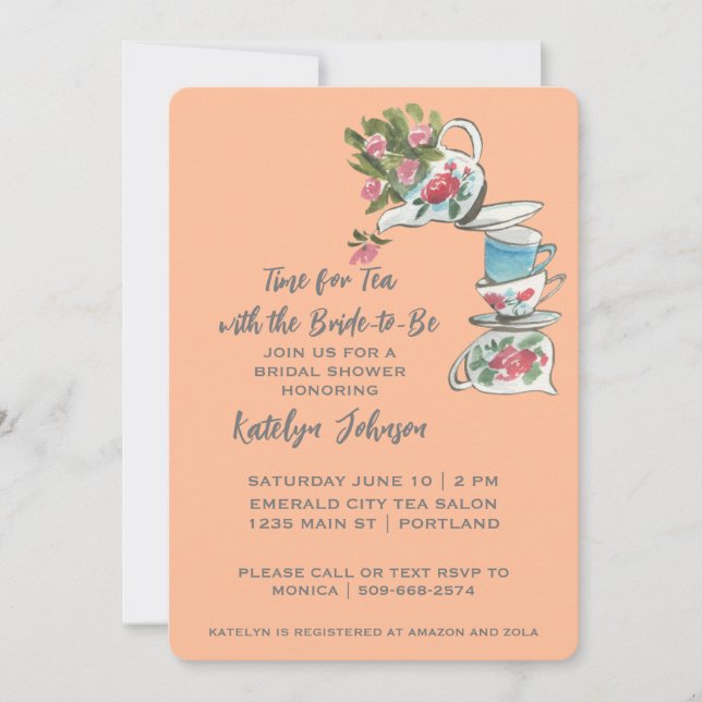 Invitation Whimsical Peach Fête des mariées Tea Pa (Devant)