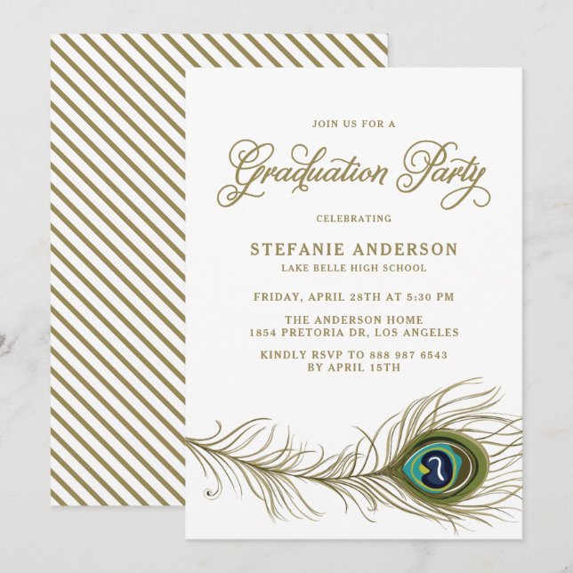 Invitation Whimsical Peacock Feather Graduation Party (Devant / Derrière)
