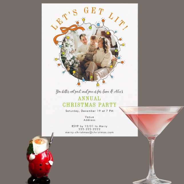 Invitation Whimsical Photo Let's Get Lit Christmas Party (Whimsical Let's Get Lit Christmas cozy holiday gathering open house festive “Mr. & Mrs” Dinner Party)