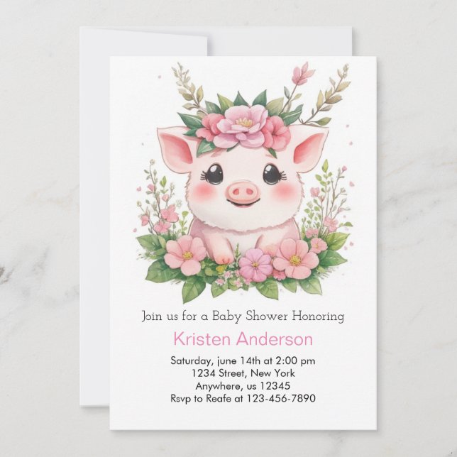 Invitation Whimsical Piggy Blissful rose Girl Baby shower (Devant)