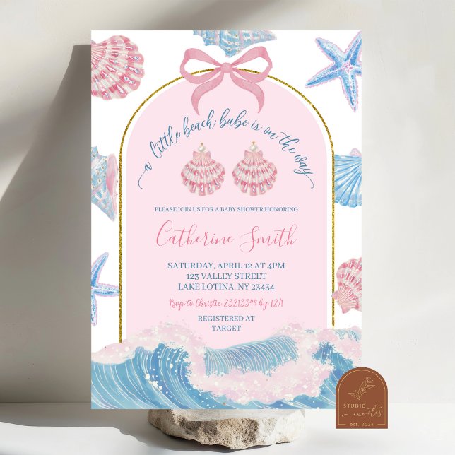 Invitation Whimsical Pink and Blue Beach Babe Baby Shower (Créateur téléchargé)