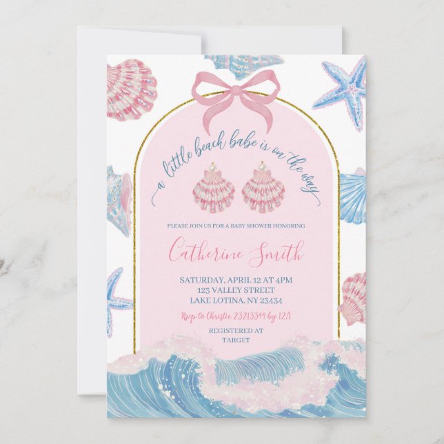 Invitation Whimsical Pink and Blue Beach Babe Baby Shower inv (Devant)