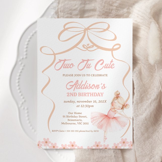 Invitation Whimsical Pink Ballerina Two Tu Cute 2e anniversai (Ballerina Tutu Birthday Invitation Ribbon, Light Hair, Daisies, Two Tu Cute 2nd Birthday Invitation)