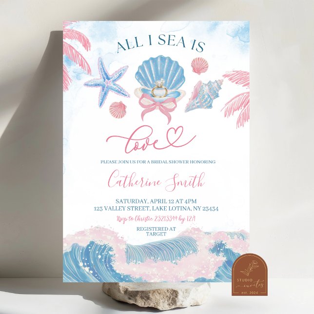 Invitation Whimsical Pink Blue All I Sea is Love Bridal showe (Créateur téléchargé)