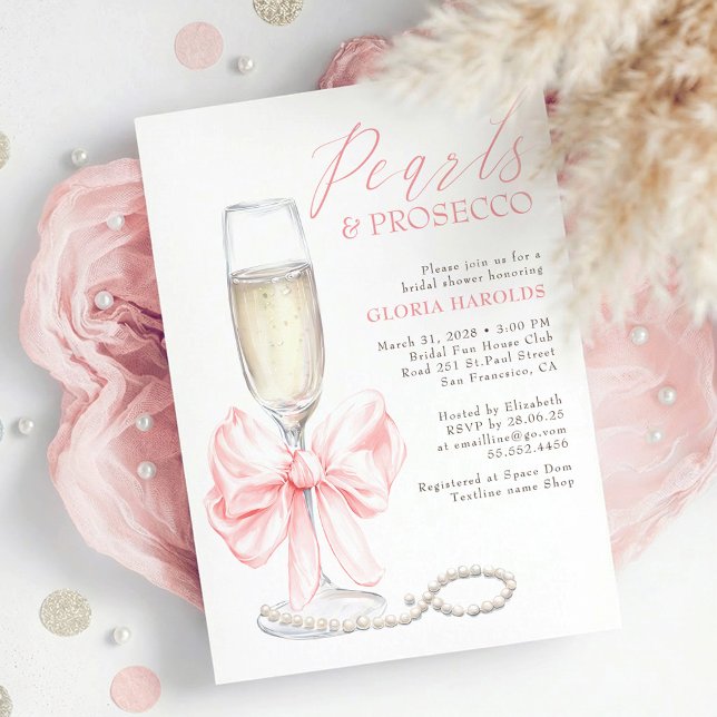 Invitation Whimsical Pink Bow Pearls & Prosecco Bridal Shower (Pink Bow Pearls and Prosecco Elegant Romantic Bridal Shower Invitation)