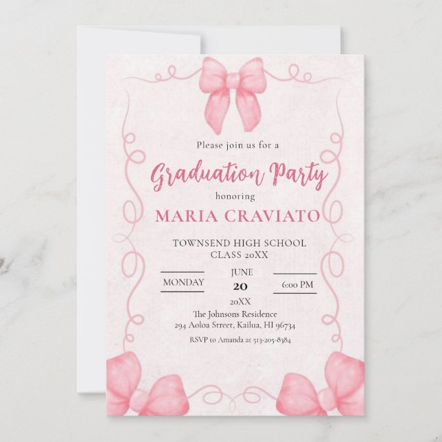 Invitation Whimsical Pink Bows Frame Graduation Party Invita (Devant)