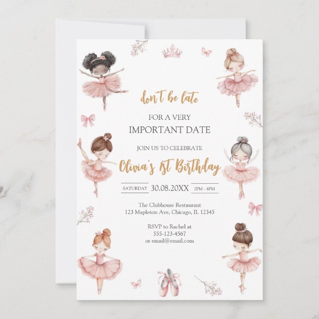 Invitation Whimsical Pink Brown Bows Ballerina Birthday (Devant)